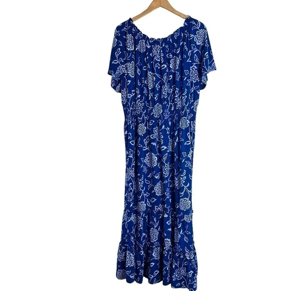 Woman Within Long Maxi Dress Size Large Blue and White Floral Short Sleeves - Picture 2 of 5